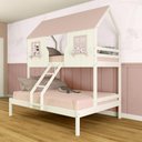 Ver imagem 1 de Beliche Casal/ Solteiro Casinha Encantada Madeira Maciça Branco/ Rosa Megamobilia