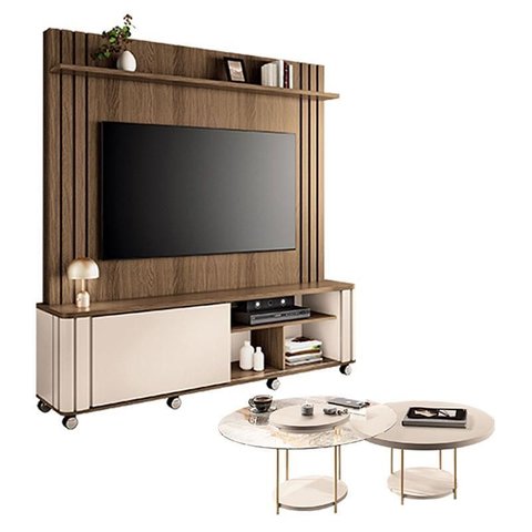 Estante Home Theater Trinus Castanho Off White com Kit Mesa de Centro Sky Off White - Hb Móveis