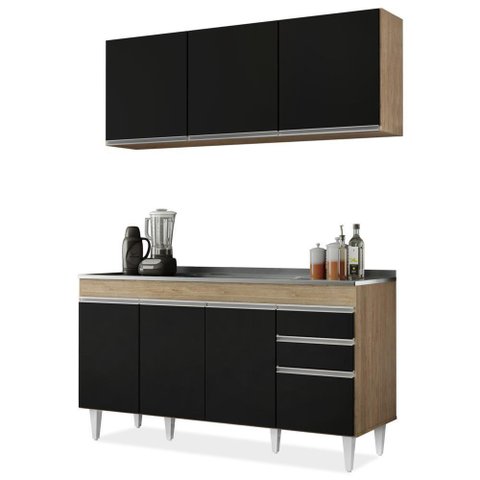 Armário Aéreo E Balcão Pia Inox 150cm Castanho/Preto