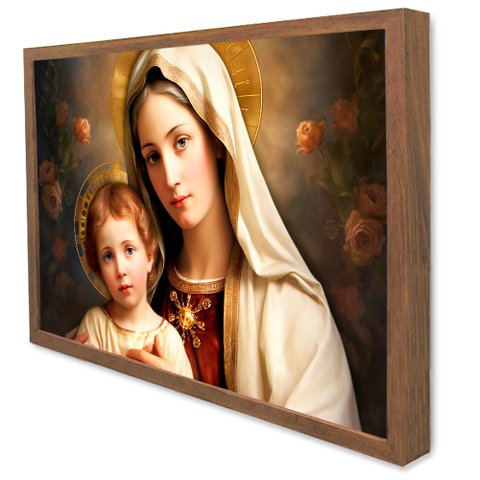 Quadro Decorativo Virgem Maria e o Menino Jesus em Moldura Caixa TaColado Moldura Caixa 3cm Madeira 