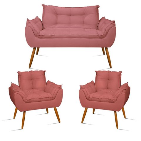 Kit Namoradeira + 2 Poltronas Decorativas Luxo Sala de Estar Cor:rosa