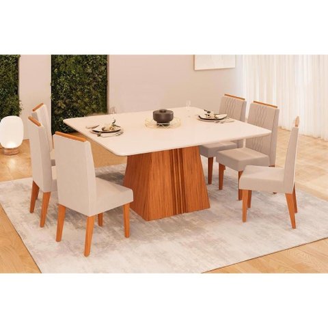 Conjunto: Mesa Sala Jantar Itália C/ Tampo Madeirado C/ Vidro Curvo 136x136cm e 6 Cadeiras Lia