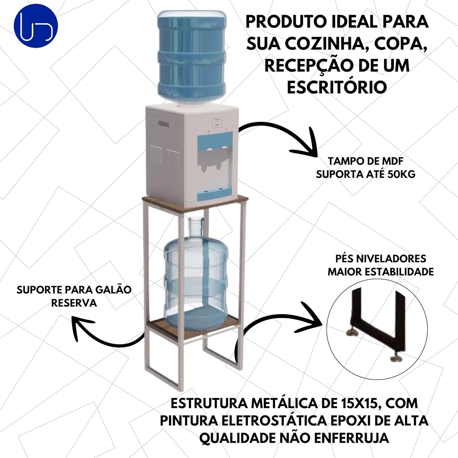 Suporte Bebedouro Galão Água Tampo de Mdf Metalon Reforçado Branco Estilo Industrial Cozinha Escrito - 8