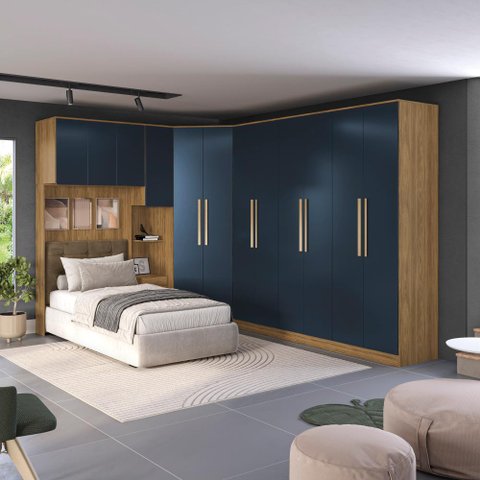 Guarda Roupa Quarto Modulado Solteiro Adapt  6 Peças Nogueira/Azul Profundo 246cm x 341cm - Kappesberg