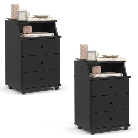 Conjunto de 2 Mesa de Cabeceira Luxo New com 3 Gavetas Preto