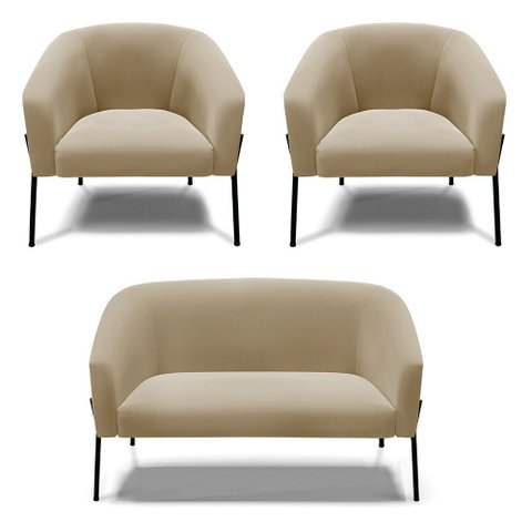 Namoradeira e 2 Poltronas Pé de Ferro Preto Stella Suede D03 - D’Rossi