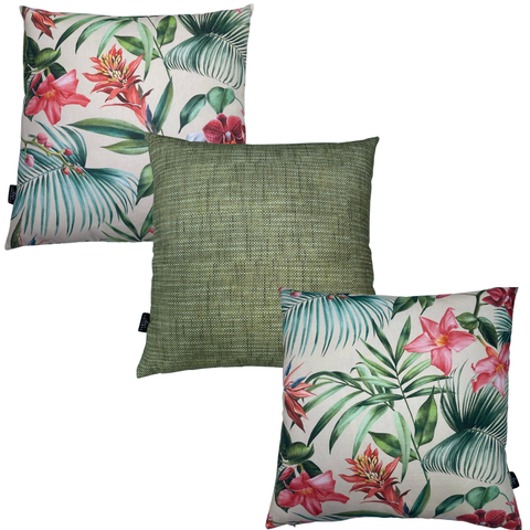 Kit 3 Capas de Almofada Impermeável Estampa Digital 100% Algodão Flores Salmão Verde Riscado 43CMX43