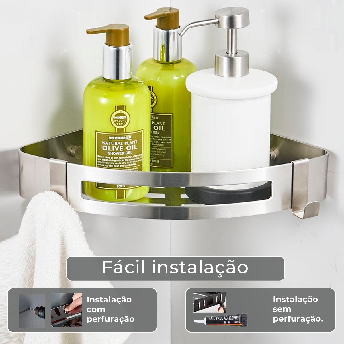 Suporte Shampoo de Canto Parede Banheiro Aço Inox Cromado - 6