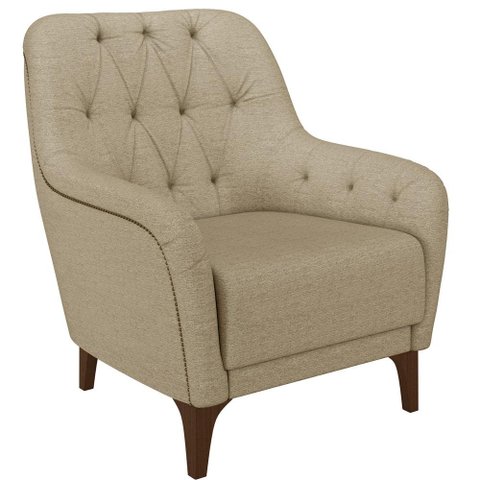 Poltrona Para Sala De Estar Decorativa Com Tachas Base Fixa Blenda M03 Linho Bege Escuro - Lyam