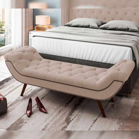 Puff Recamier Decorativo com Tachas 140 cm Santorini Linho Bege Escuro - Lyam Decor