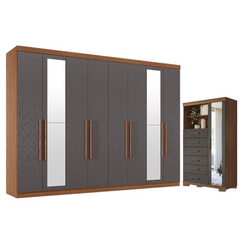 Guarda Roupa Casal 8 Portas 4 Gavetas Master New com Espelho e Cômoda Marabá com Espelho e Pés