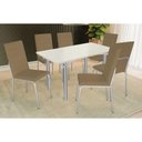 Ver imagem 1 de Conjunto: Mesa Sala Jantar Elba Tampo Madeirado C/ Vidro 160cm e 6 Cadeiras Amsterdã Cromada/off