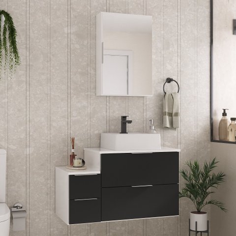 Conjunto Gabinete Banheiro Nivus 80cm (armário + Cuba + Espelheira) Branco / Preto
