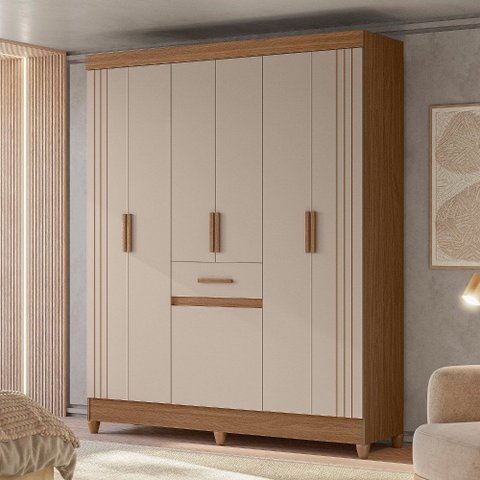 Guarda Roupa Roupeiro Solteiro Roma 7 Portas 1 Gaveta com Detalhes Frisados Carvalho Fendi Moval