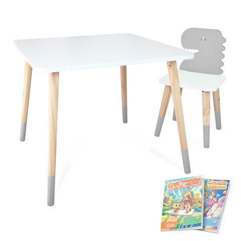 Mesa e Cadeira Infantil Dinossauro Kit Livro Educativo em Madeira - Cinza
