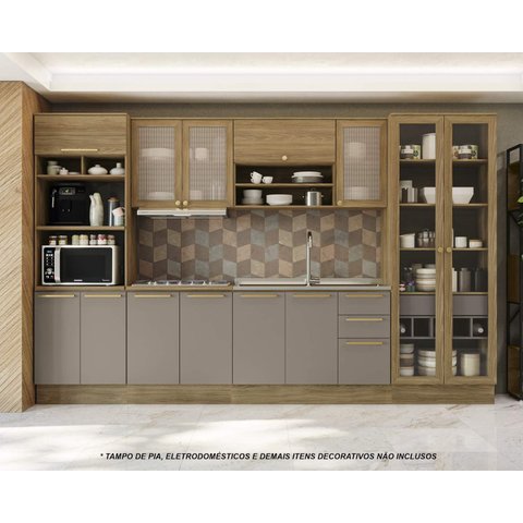 Armário de Cozinha Modulada Completa Reta 7 Peças 3,50m 224 Botanic Kappesberg - Nogueira/fendi