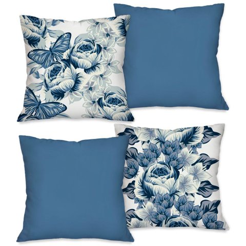 Kit com 4 Capas para Almofadas Decorativas Borboletas Azuis