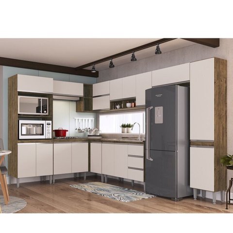 Cozinha Athena 9PÇS 17 Portas Marrom/Itaúba/Off White