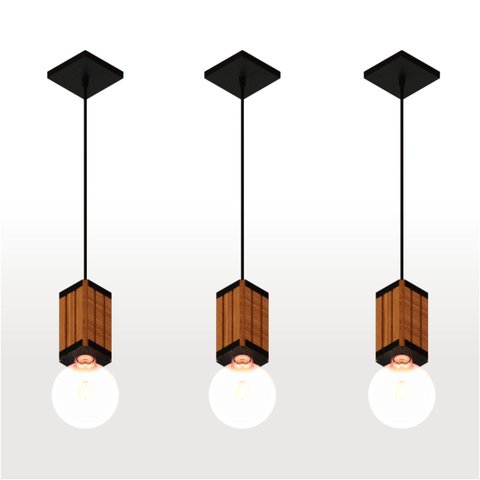 Kit 3 Pendente Vertical Madeira Capella Cabo Pp Madeiled