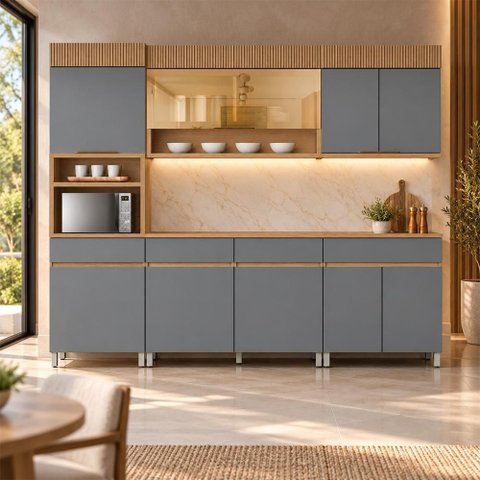 Cozinha Realeza Premium 5 Peças com Paneleiro 2 Portas e Nicho para Micro-Ondas Titânio - Nesher