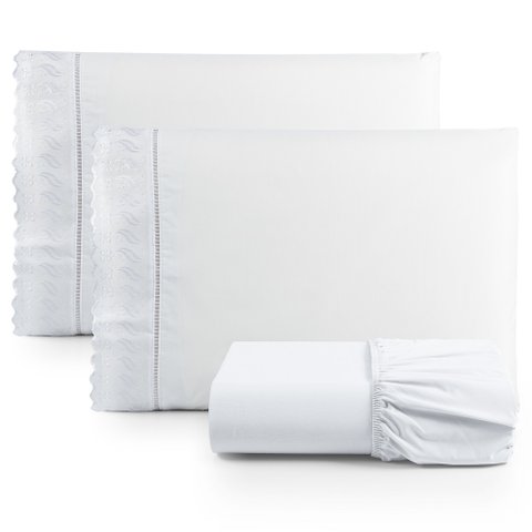 Jogo de Lençol Cama Casal Padrão 3 Peças 100% Algodão Percal 180 fios Com Leze:Branco