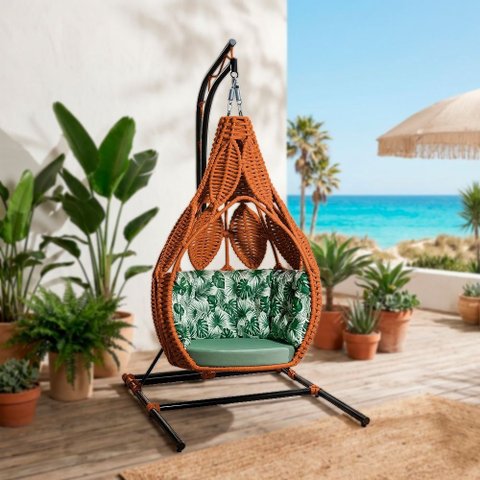 Ninho em Aço e Corda Náutica Terracota Ratanabá com Suporte e Almofada Estampa Folha Verde