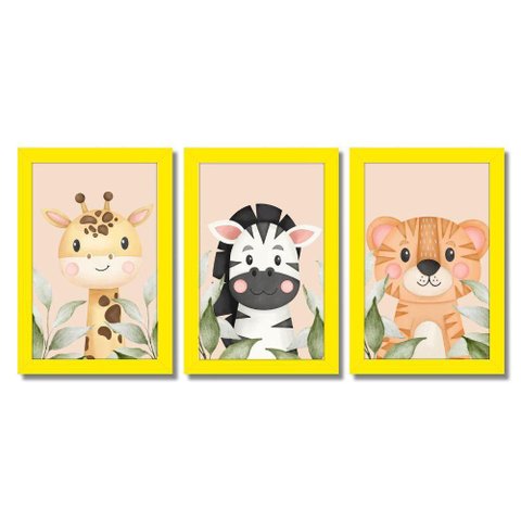 Kit Quadros Infantil Safari Aquarela 20x30 3 Peças Titulos Moldura Amarela