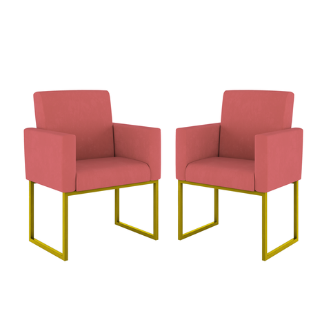 Kit 02 Cadeiras Poltrona Decorativa Sala Quarto Base Dourado Cor:rosa