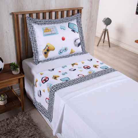 Jogo de Lençol Masculino 3 Peças Boy Cama Solteiro Menino 300 Fios Estampado Branco