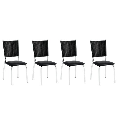 4 Cadeiras Cromada Duda Junco Sintético Preto Assento Corino Moderna Luxo para Cozinha Sala de Janta