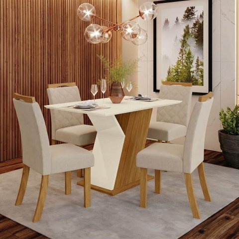 Conjunto Sala de Jantar Layla Select 4 Lugares Tampo MDF Cadeiras Estofadas Off White 120cm Casa 812