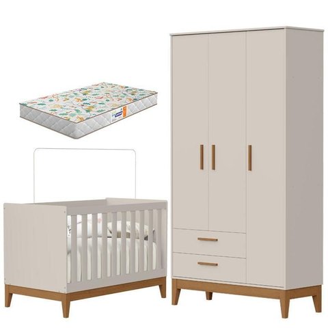 Guarda Roupa Infantil 3 Portas com Berço Americano Flip Areia Acetinado com Colchão Gazin - Reller