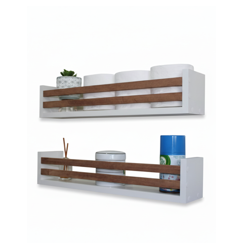 Prateleira de Mdf Branca e Madeira Multiuso para Banheiro Porta Livro Cozinha 50cm