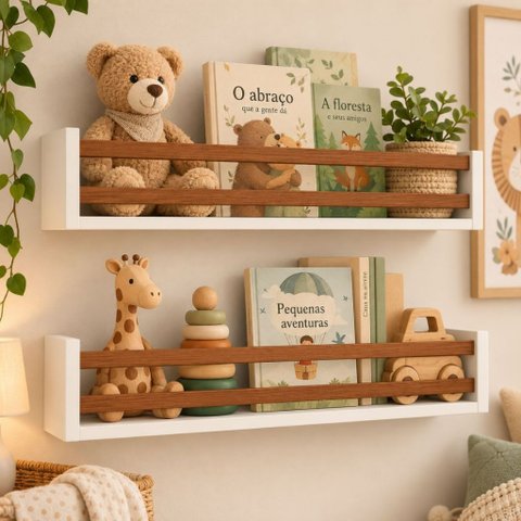 Prateleira Infantil Branco e Madeira Cedrinho - Porta Livros e Brinquedos