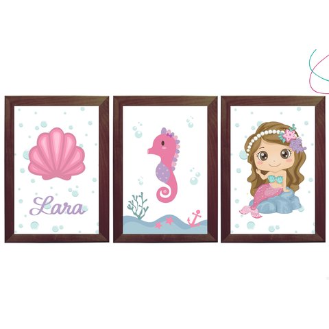 Quadro Decoração Quarto Menina Sereia Rosa Moldura e Vidro: Tabaco