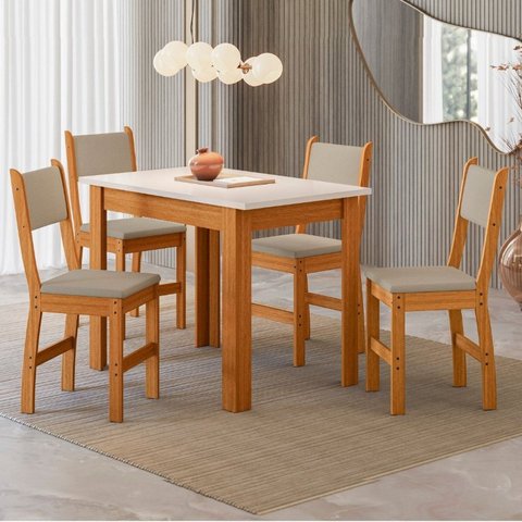 Conjunto Sala de Jantar Mesa Bellagio 108cm com 4 Cadeiras Lugano Yescasa Freijo UV/Off White