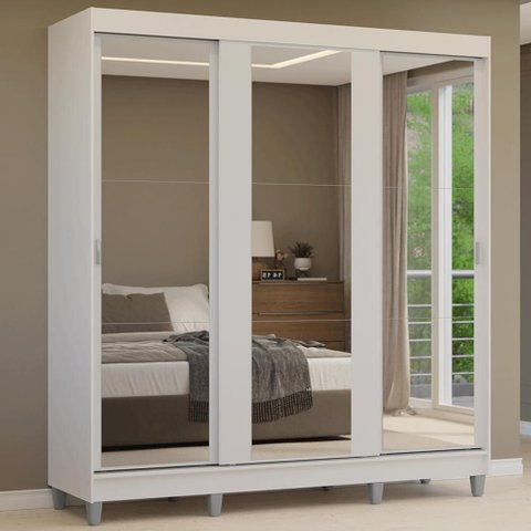 Guarda-Roupa Casal com Pés 3 Portas de Correr de Espelho Reno Madesa