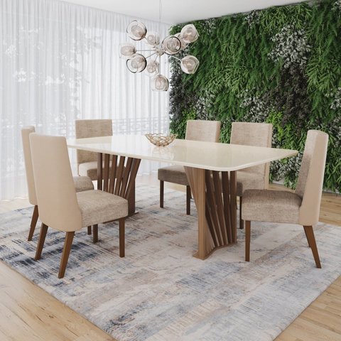 Conjunto Mesa Adriana 200cm com Vidro 06 Cadeiras Anne Marrom/Nature/Off White/Bege/Creme