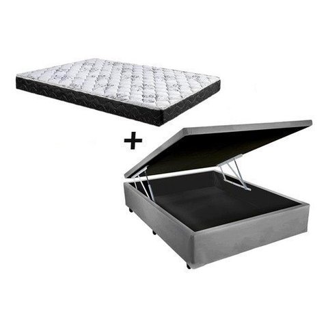 Cama Box Baú Casal Conforto Sintético Cinza + Colchão Casal Conforto Espuma D23 Com EPS 17x138x188