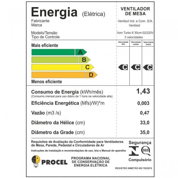 Ventilador de Mesa Turbo 6 Pás 30cm Premium Ventisol 220V - 4