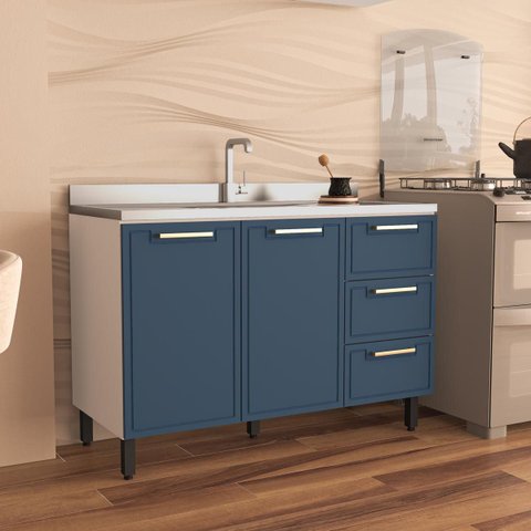 Balcão de Cozinha Amara 120x81cm com 3 Gavetas e 2 Portas Branco/Azul 250021