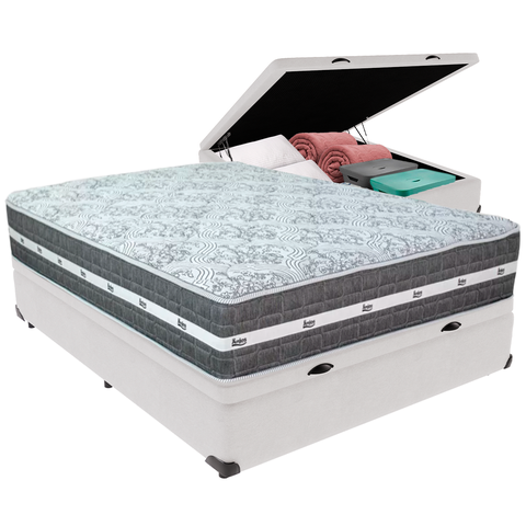 Cama Box Baú Branco e Colchão Black Graphite Molas Ensacadas Casal Anjos