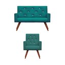 Ver imagem 1 de Kit Namoradeira + 1 Poltronas Decorativas Nina Capitonê Suede Azul Turquesa com Strass - Dominic Dec