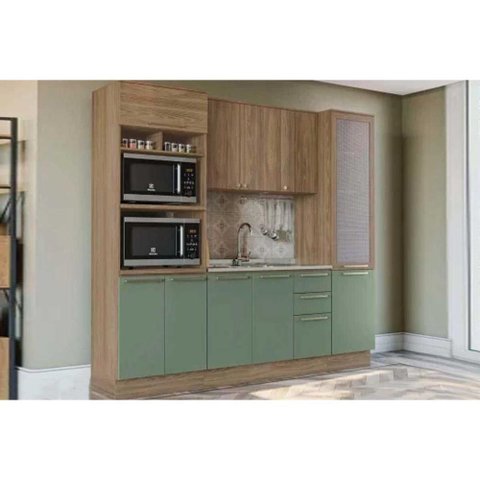 Kit Cozinha Modulada 4 Peças Botanic 1 Aéreo + Balcão + 2 Paneleiros sem Pia M647 Nogueira Verde