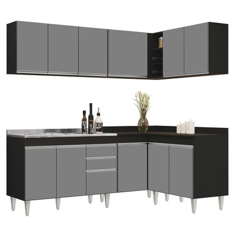 Armário de Cozinha Modulado de Canto 6 Peças Cp30 com Pia Inox Preto/cinza - Lumil Lumil Móveis