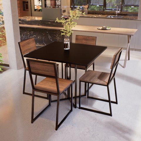 Conjunto Mesa de Jantar Quadrada Preta 4 Cadeiras Imbuia Riviera Industrial Preto Don Castro Decor R