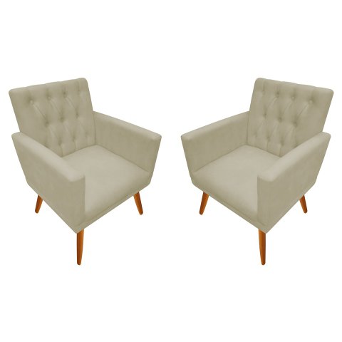 Kit 2 Poltronas Decorativa Nina Capitonê Couro Bege Pés Madeira Mz Decor