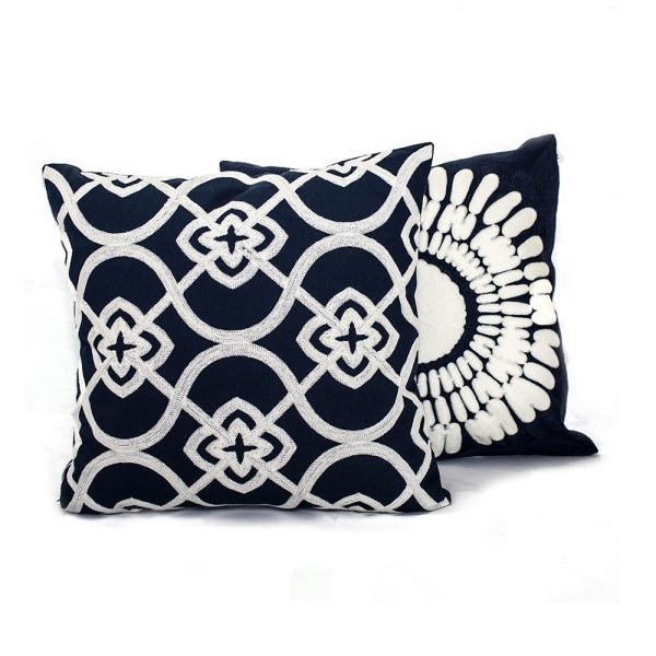 Capa de Almofada Linho Bordada Arabesco Floral Azul - 3