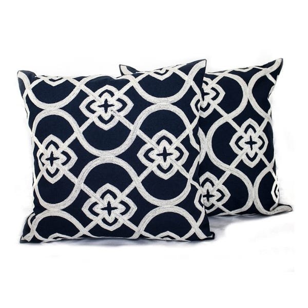 Capa de Almofada Linho Bordada Arabesco Floral Azul - 2