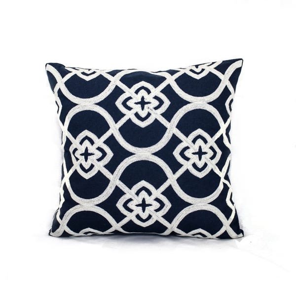 Capa de Almofada Linho Bordada Arabesco Floral Azul - 1